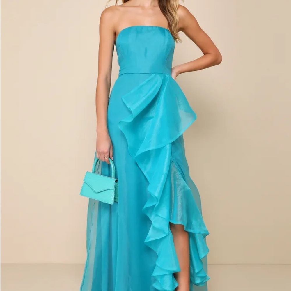 Lulu's Blue Asymmetrical Ruffled Strapless Gown